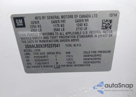 2015 Chevrolet Equinox 1Lt из США, поврежденный, VIN 2GNALBEK3F6237641